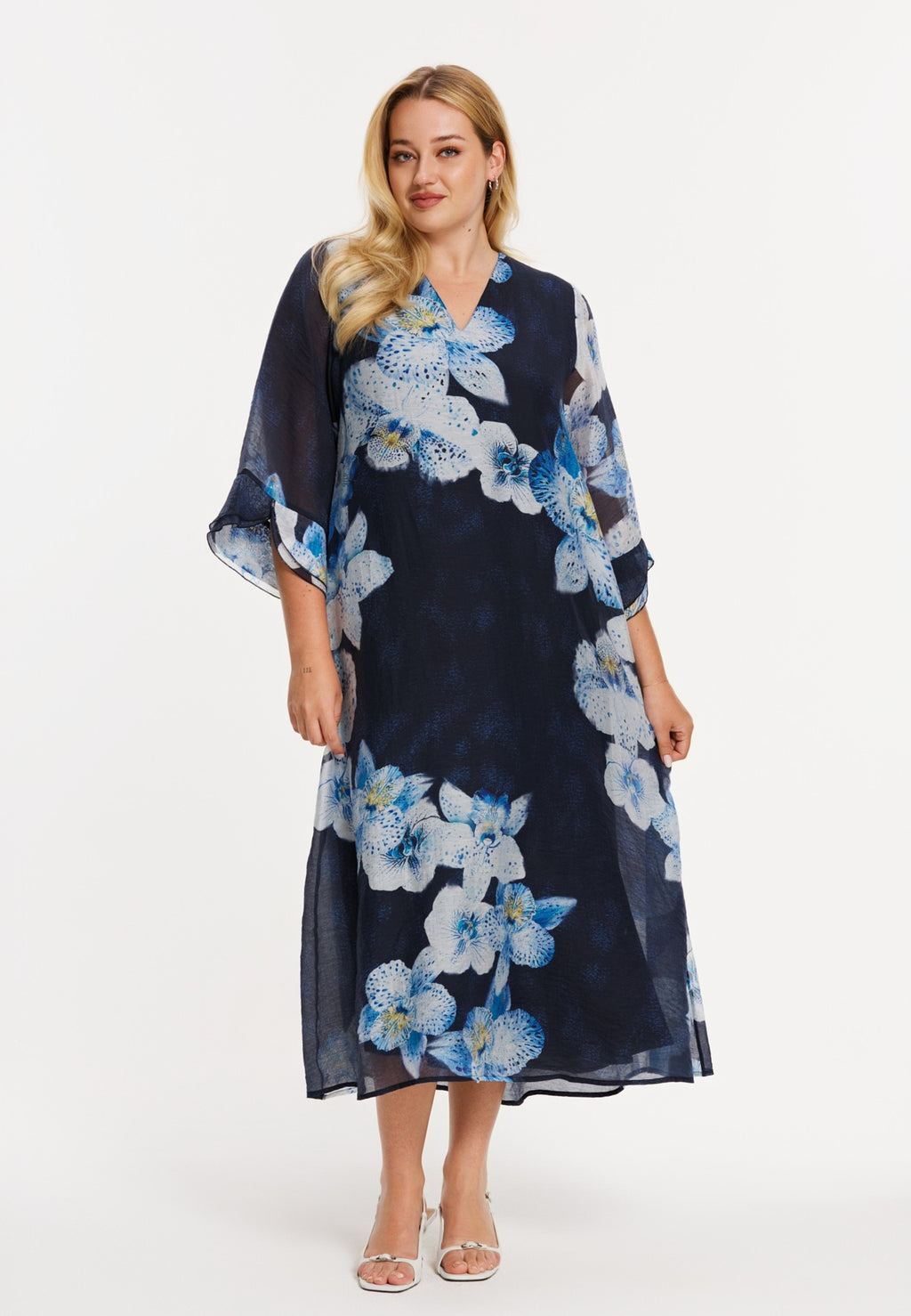 Jurken lange mouw navy Yoek