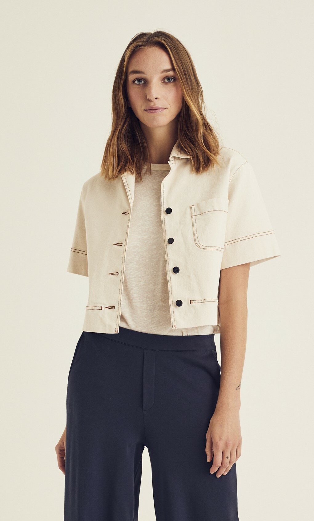 Blouses korte mouw beige Terre Bleue